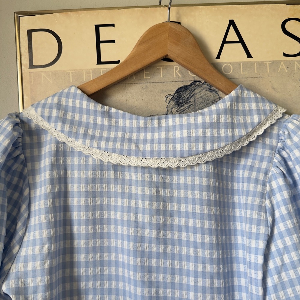 Coquette Blue White Gingham Peter Pan Collar Peplum Puff Sleeve Blouse Large - Picture 5 of 12